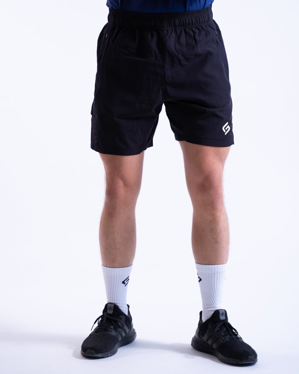 Front view of black lightweight men’s shorts, perfect for running and casual wear - The Lasting Shape