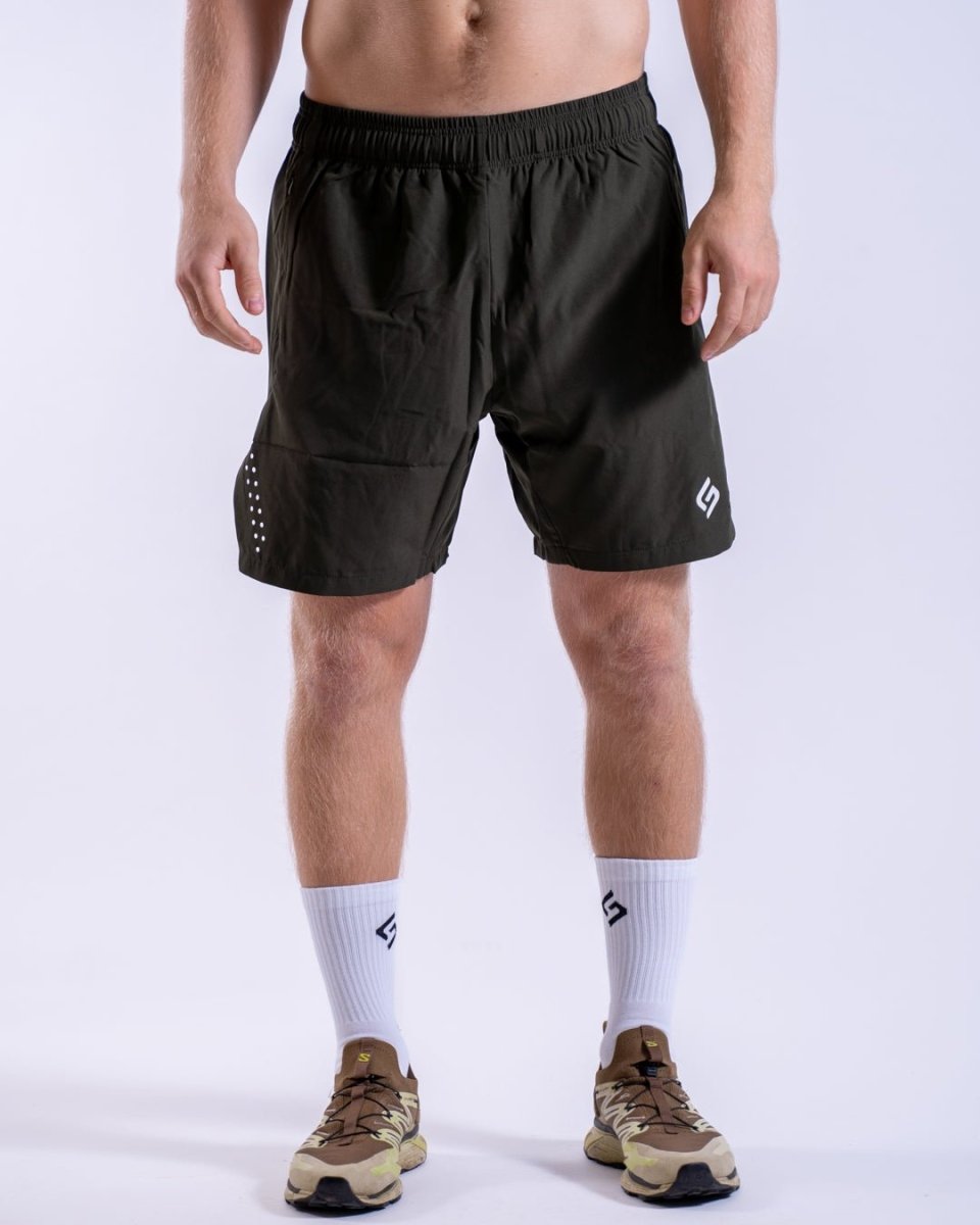 Front view of black lightweight men’s shorts, perfect for running and casual wear. Khaki - The Lasting Shape